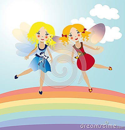 Two little fairies in the rainbow Vector Illustration