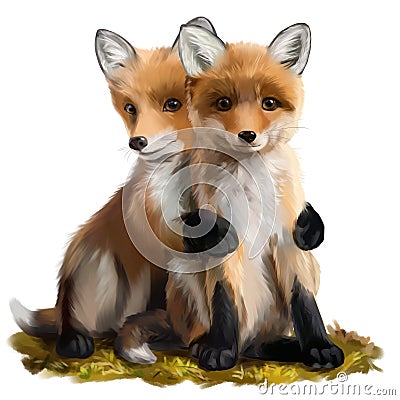 Two little foxes. Watercolor painting Stock Photo