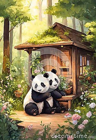 Two little giant panda bear cub embraced in a green forest Stock Photo