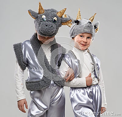 Two little girl dressed as goats and cows Stock Photo