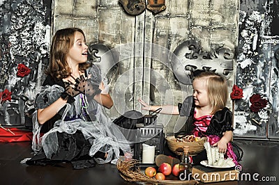 Two little halloween witches Stock Photo