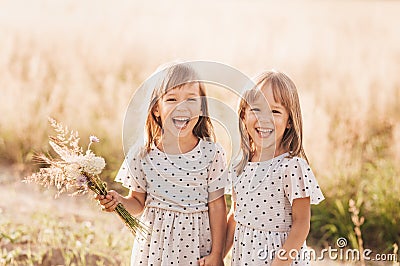 Two little happy identical twin girls playing together in nature in summer. Girls friendship and youth concept. Active children`s Stock Photo