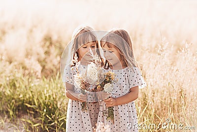 Two little happy identical twin girls playing together in nature in summer. Girls friendship and youth concept. Active children`s Stock Photo