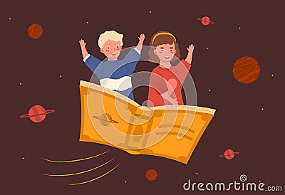 Two little happy kids are flying on the book on brown background Vector Illustration