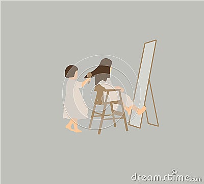 Two little kid girls playing hairdresser sitting on chair in front of home mirror. Vector Illustration