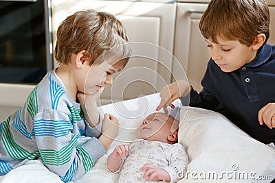 Two little kids boys playing with newborn baby sister girl Stock Photo