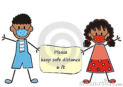 Two little kids, keep safe distance six feet, eps. Vector Illustration