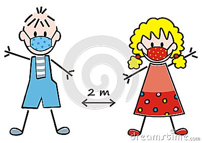 Boy and girl at protective mask, safe distance, eps. Vector Illustration