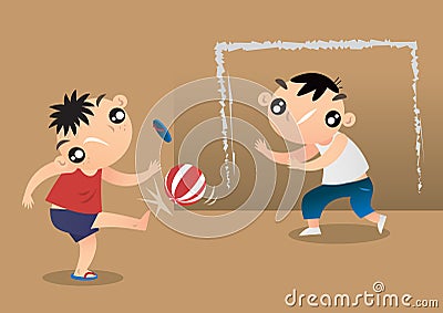 Two little kids playing soccer with a small plastic ball in old times. Vector Illustration