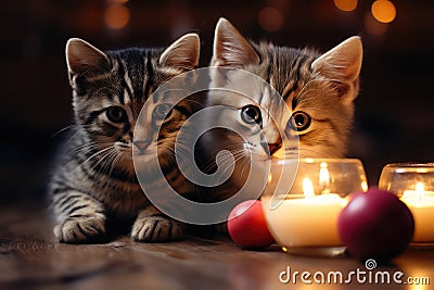 Two little kittens with candles and balls. Holiday calendar with pets, postcard with cats Stock Photo