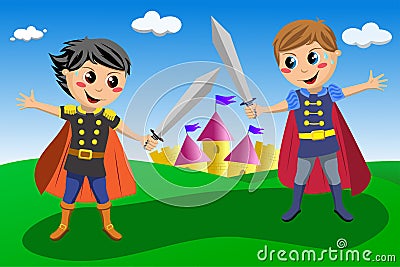 Two Little Knights in a Duel Vector Illustration