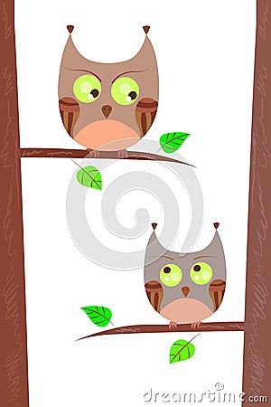 Two little owls sitting on branches Vector Illustration