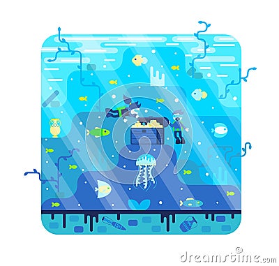 Two little scuba divers near treasure chest on the seabed - vector cartoon illustration in flat stile Vector Illustration