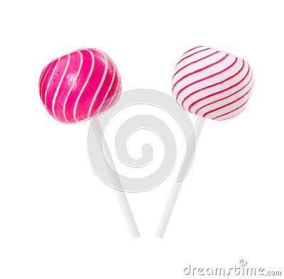 Two lollipop in form of ball with white and pink stripes Stock Photo