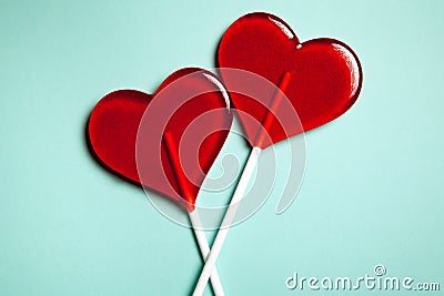 Two lollipops. Red hearts. Candy. Love concept. Valentine day. Stock Photo