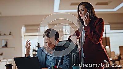 Two losers business fail at computer workplace. Couple colleagues feeling upset Stock Photo