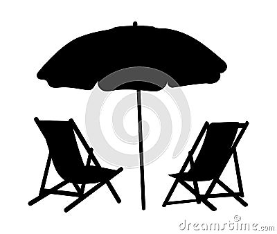 Two lounge chairs under an umbrella on the beach. Black and white illustration of lounges under a canopy. Vacation Vector Illustration