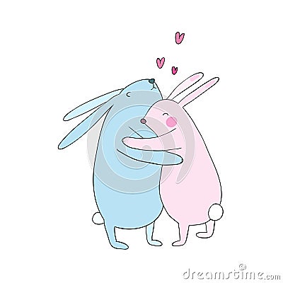 Two lovely cartoon rabbits. Happy animals. objects on white background. Vector illustration. Vector Illustration