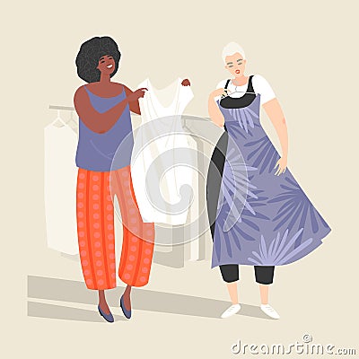 Two lovely young women choose dresses in the women`s clothing department Vector Illustration