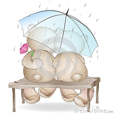 Two lovers bears sitting on a bench under an umbrella Vector Illustration