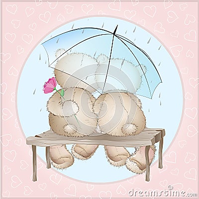 Two lovers bears sitting on a bench under an umbrella Vector Illustration