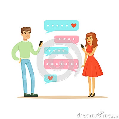 Two lovers chatting with their mobile phones colorful character vector Illustration Vector Illustration