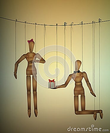 Two lovers concept, romantic valentine marionettes, present for you idea, Vector Illustration