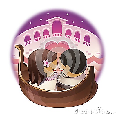 Two lovers in a gondola in Venice. Colored illustration Cartoon Illustration