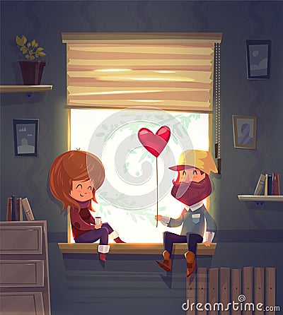 Two lovers sitting on the windowsill in an Vector Illustration