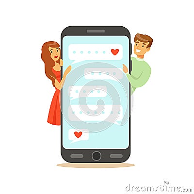 Two lovers standing near a big smartphone and communicatitng character vector Illustration Vector Illustration