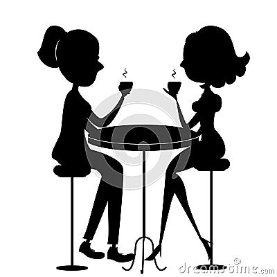 Two lovers women drinking coffee. Vector black silh Vector Illustration