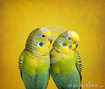 Two lovesick wavy green parrots are sitting together. Generative AI, generative artificial intelligence Stock Photo