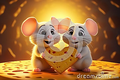 Two lovestruck white mice celebrate Valentine's Day with heart shaped cheese held in their tiny paws, set against Stock Photo