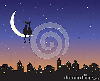 Two loving cats on a moon Vector Illustration