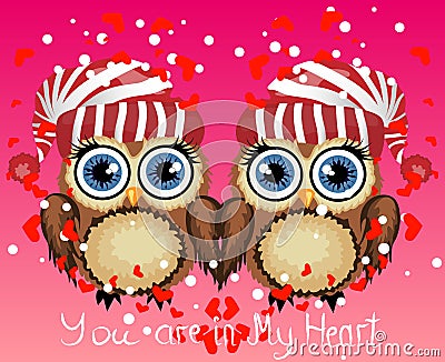 Two loving owls, a pair, touch their wings, on a purple background. Concept Two hearts. The inscription I love you Stock Photo