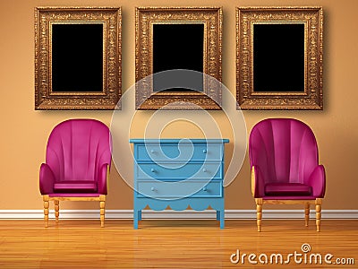 Two luxurious chairs with bedside and frames Stock Photo