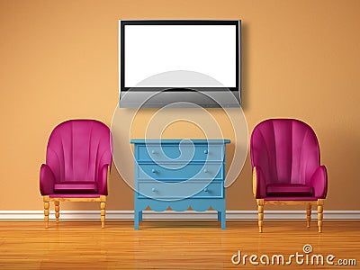 Two luxurious chairs with blue bedside and lcd tv Stock Photo