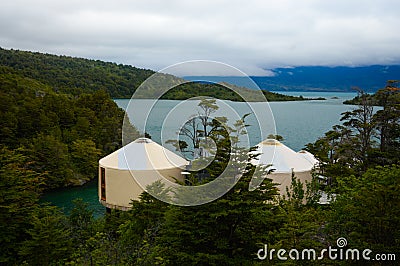 Two luxury yurts in the forest Stock Photo