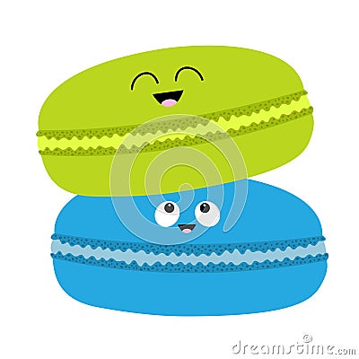 Two macaron or macaroon icon. Sweet bakery pastry cookies set with face. Cute cartoon smiling character collection. Fast food snac Vector Illustration