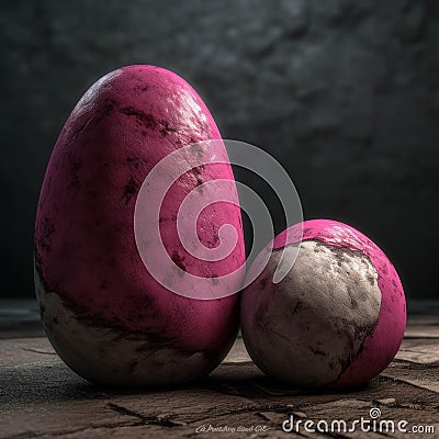 Two magenta stones weathered by time sitting sidebyside. Trendy color of 2023 Viva Magenta.. AI generation Stock Photo