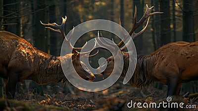 Two stag in the forest during a rut season, staring at camera Stock Photo