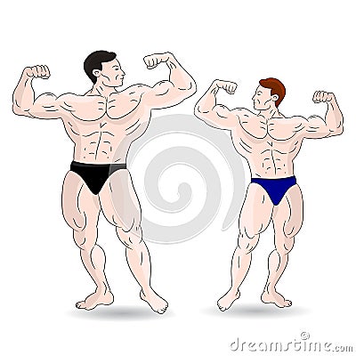 Two male bodybuilder showing a biceps. On a white background. Vector Illustration