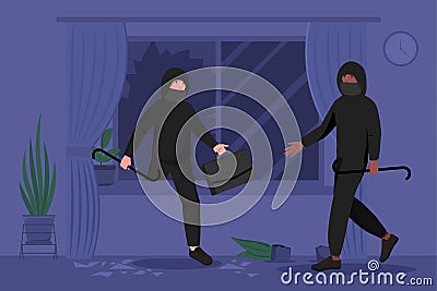 Two male burglars in masks and hoodie breaking in house or apartment Vector Illustration