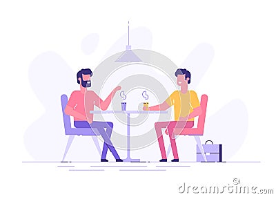 Two male colleagues chatting during coffee break. Vector Illustration