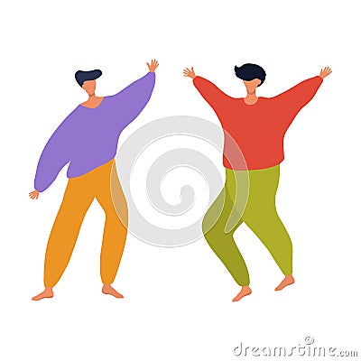 Two male disco dancers in flat cartoon design. Vector minimalism. Vector Illustration