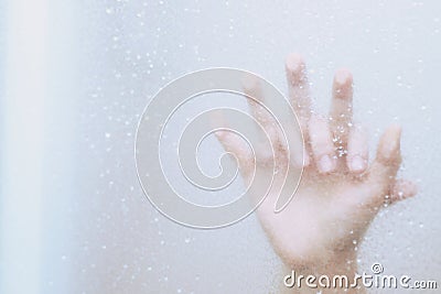 Two male and female Couple lovers holding hands having sex inside showers bathroom mirror with a steamy window. soft focus. Leave Stock Photo