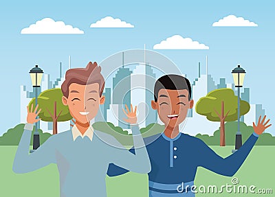 Two male friends smiling and greeting Vector Illustration