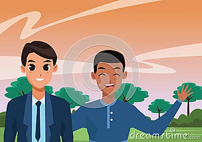 Two male friends smiling and greeting Vector Illustration