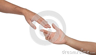 Two male hands reaching towards each other Stock Photo