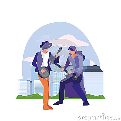 two male musicians musical instruments Cartoon Illustration